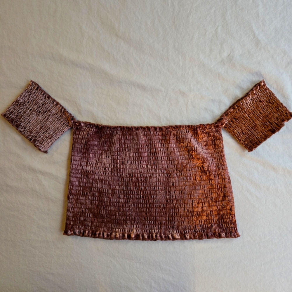 Bozzolo 90s Y2K Mauve Brown Smocked Stretch Velvet Off-Shoulder Crop Top